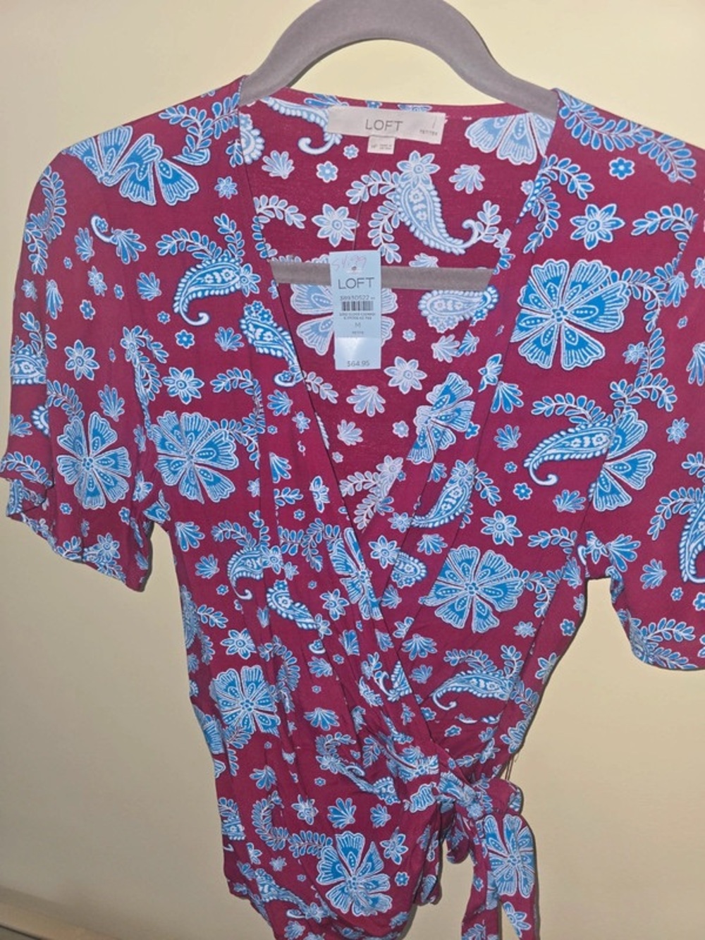 LOFT Burgundy Wrap Blouse with Light Blue Floral Print - Picture 3 of 5